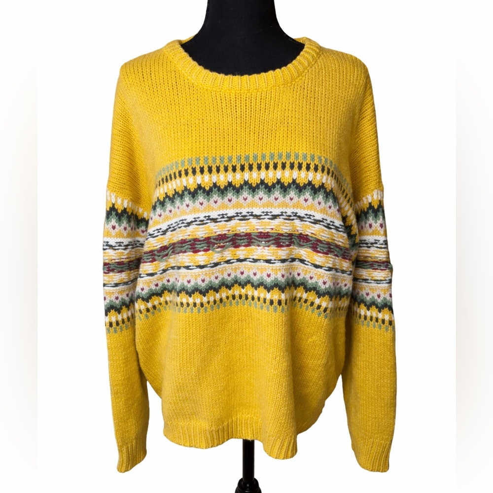 Easel‎ Yellow Fair Isle Sweater Cottagecore Nordic Chunky Knit Pullover- Large